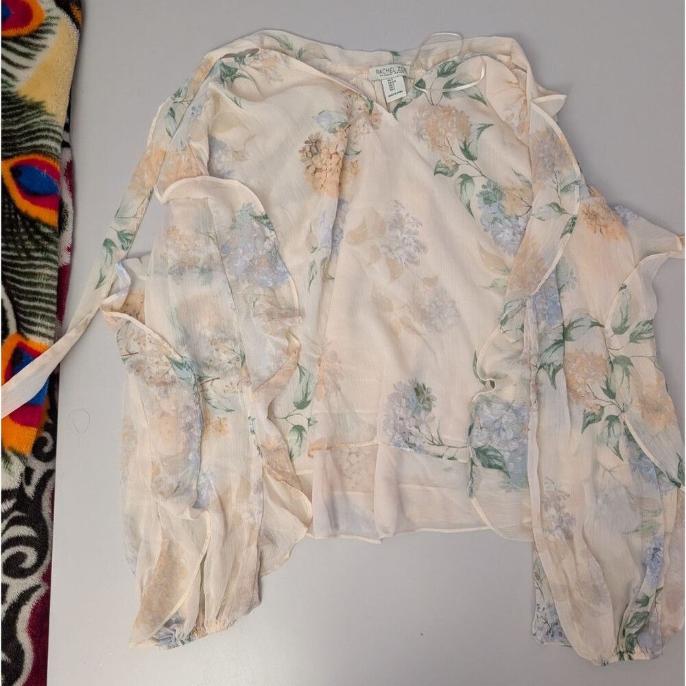 Rachel Zoe Small Pastel Floral Sheer Ruffle Blouse Front Cottagecore Romantic